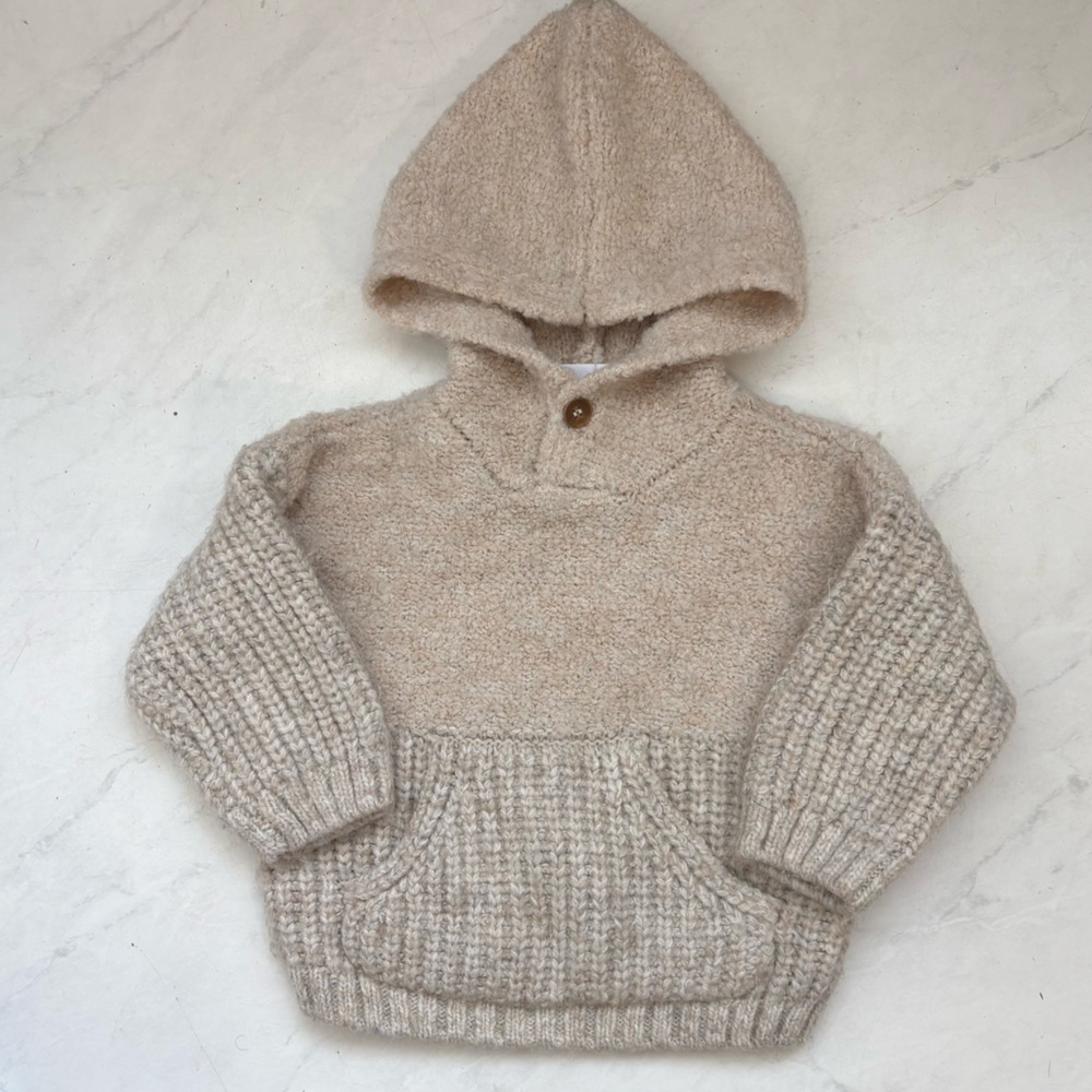 Zara Youth Sz 9-12 Months Beige Knit Hooded Pullover Sweater Minimalist Neutral